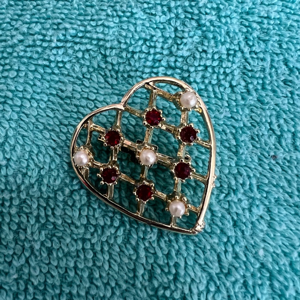 Gold Heart Brooch with Red Gemstone Accents